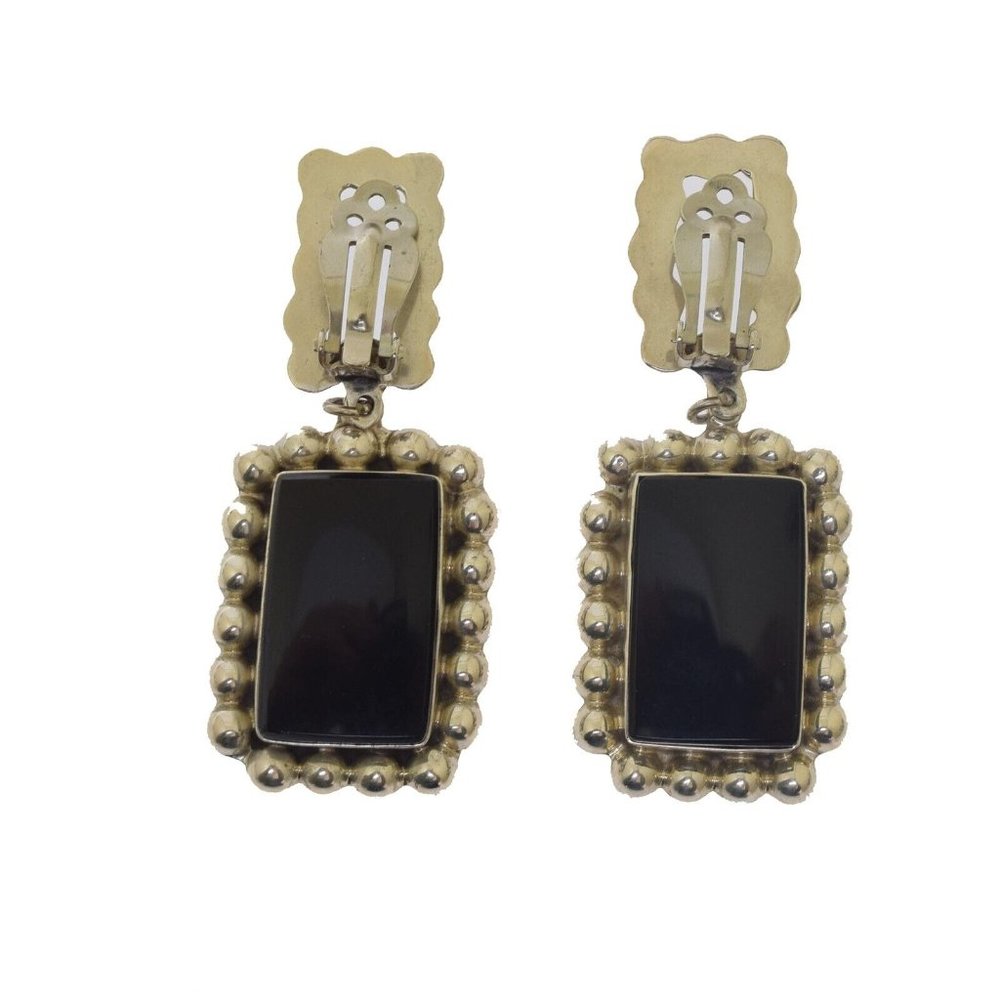 Sterling Silver Black Onyx Earrings Mexico 925 TA-93 Clip Dangle Silver Beads